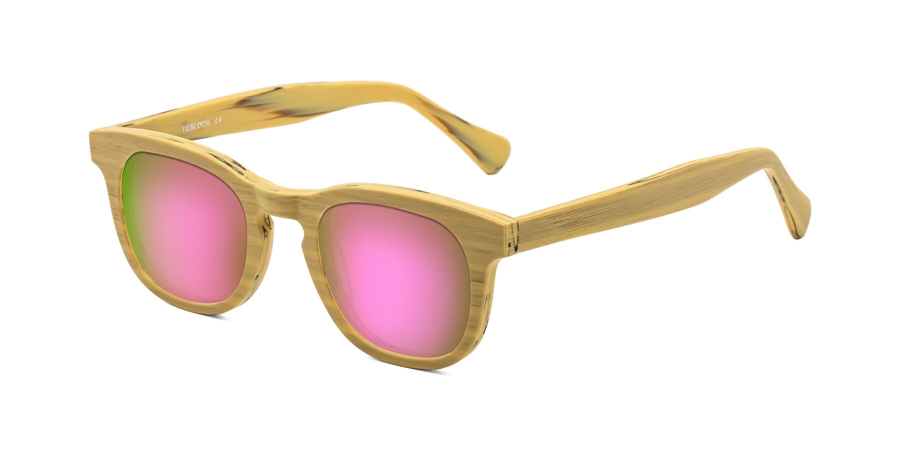 Angle of Tonia in Egg Yolk Woodgrain with Pink Mirrored Lenses