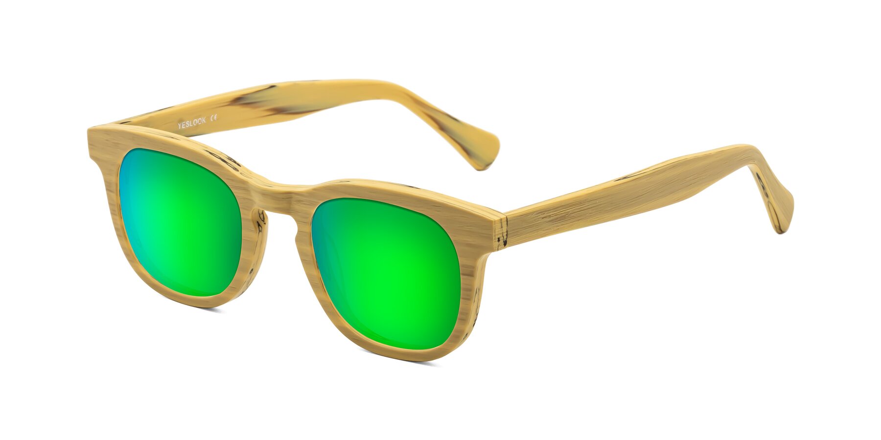 Angle of Tonia in Egg Yolk Woodgrain with Green Mirrored Lenses