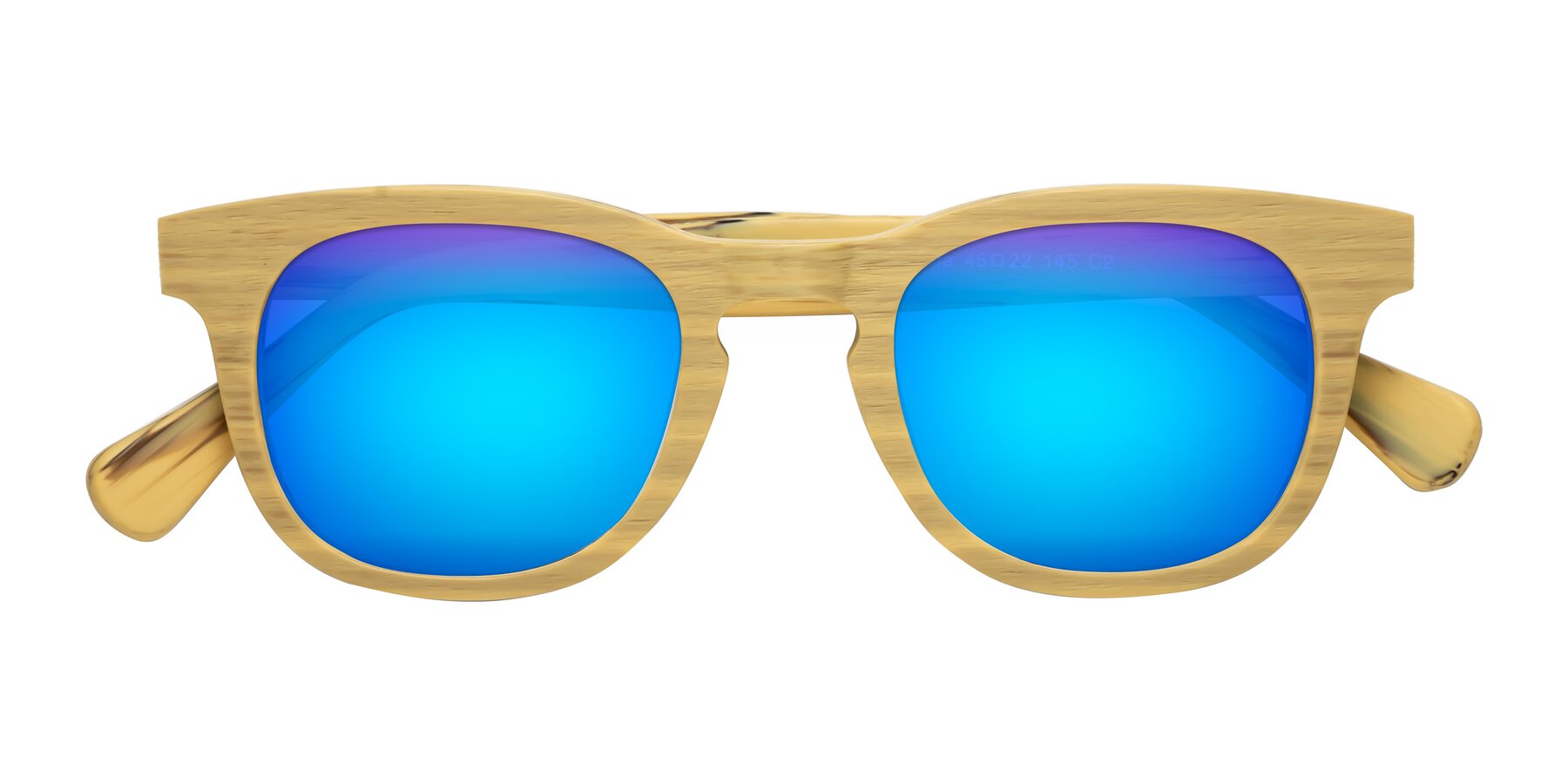 Folded Front of Tonia in Egg Yolk Woodgrain with Blue Mirrored Lenses