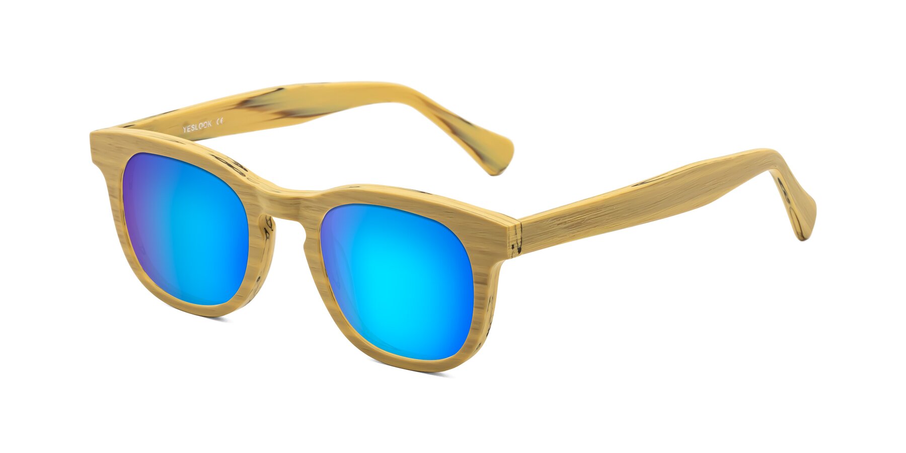 Angle of Tonia in Egg Yolk Woodgrain with Blue Mirrored Lenses