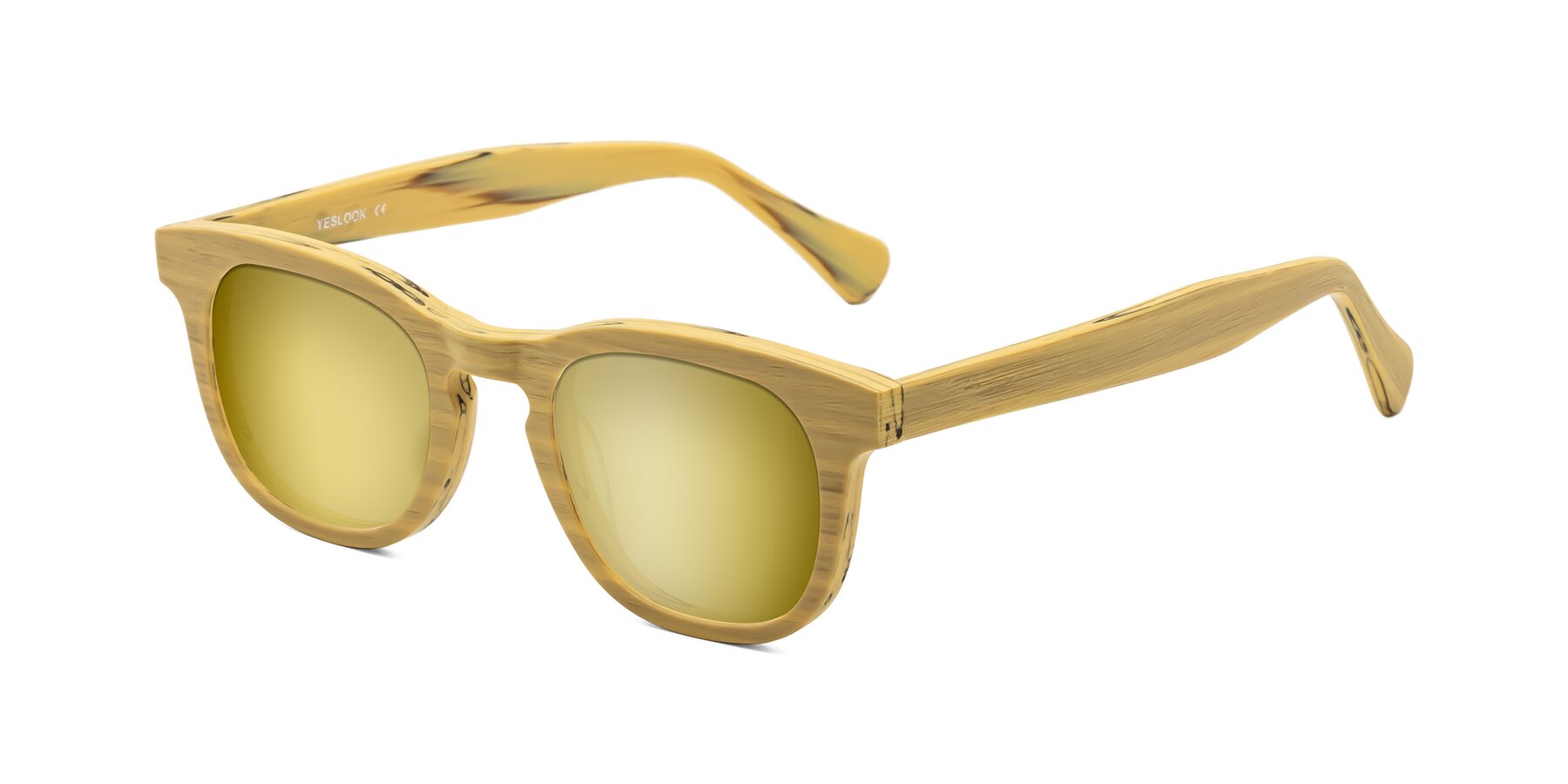 Angle of Tonia in Egg Yolk Woodgrain with Gold Mirrored Lenses