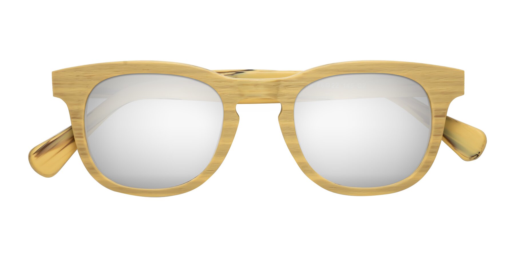 Folded Front of Tonia in Egg Yolk Woodgrain with Silver Mirrored Lenses