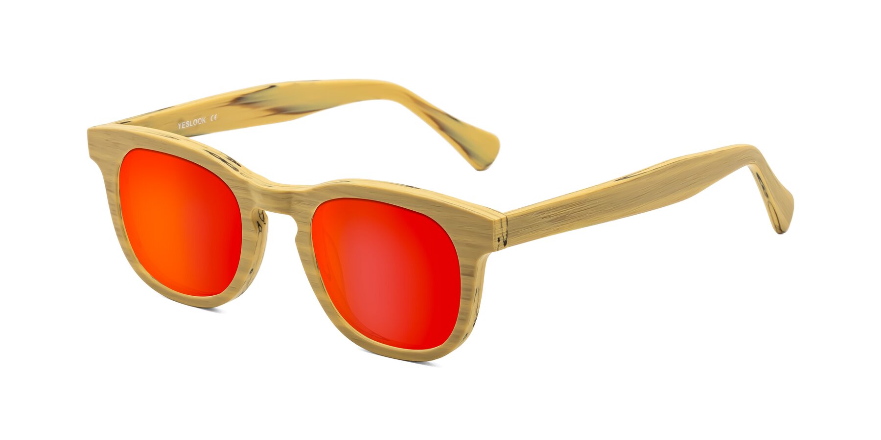 Angle of Tonia in Egg Yolk Woodgrain with Red Gold Mirrored Lenses