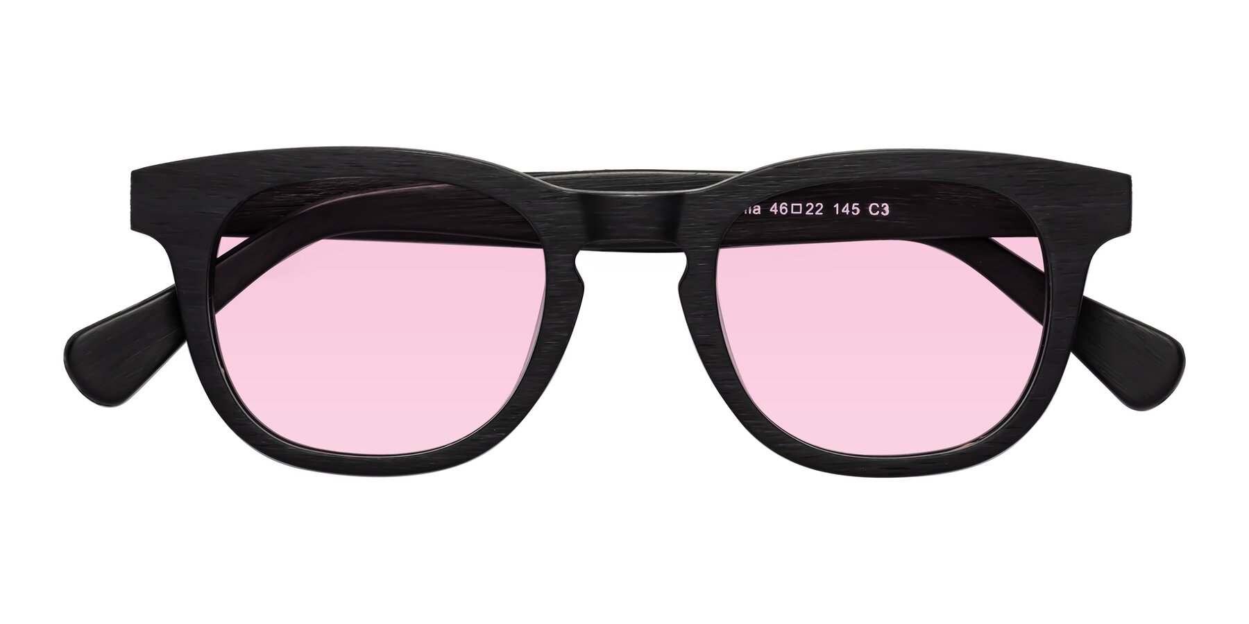 Folded Front of Tonia in Black Woodgrain with Light Pink Tinted Lenses