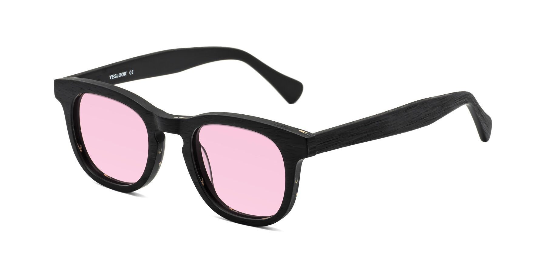 Angle of Tonia in Black Woodgrain with Light Pink Tinted Lenses