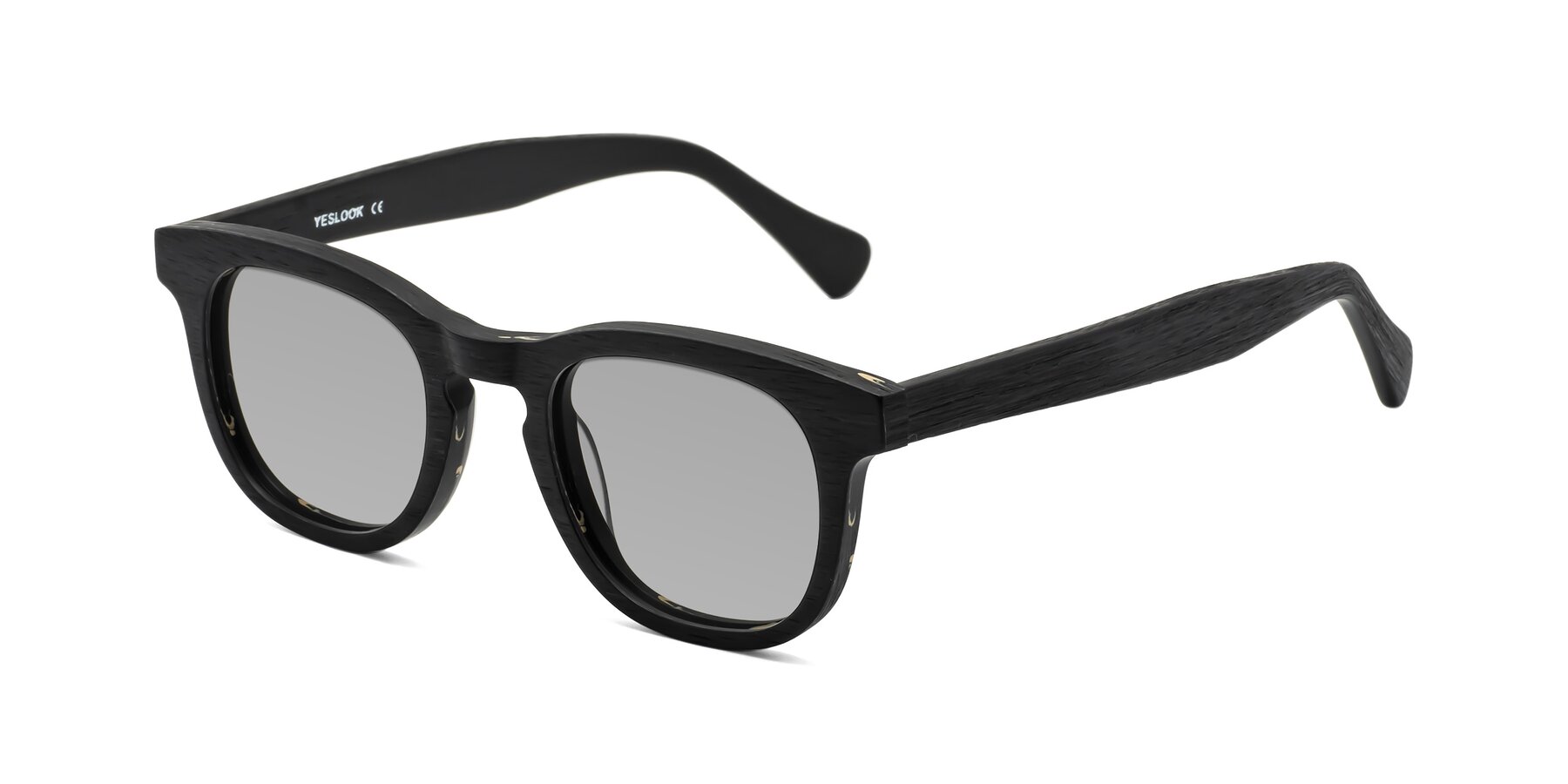 Angle of Tonia in Black Woodgrain with Light Gray Tinted Lenses