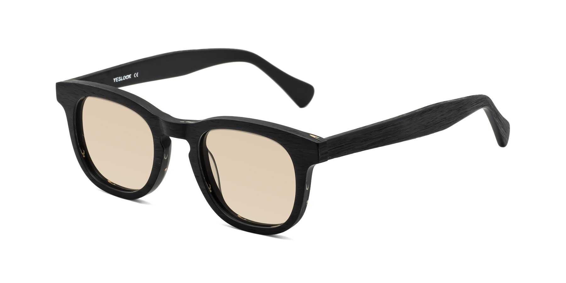 Angle of Tonia in Black Woodgrain with Light Brown Tinted Lenses