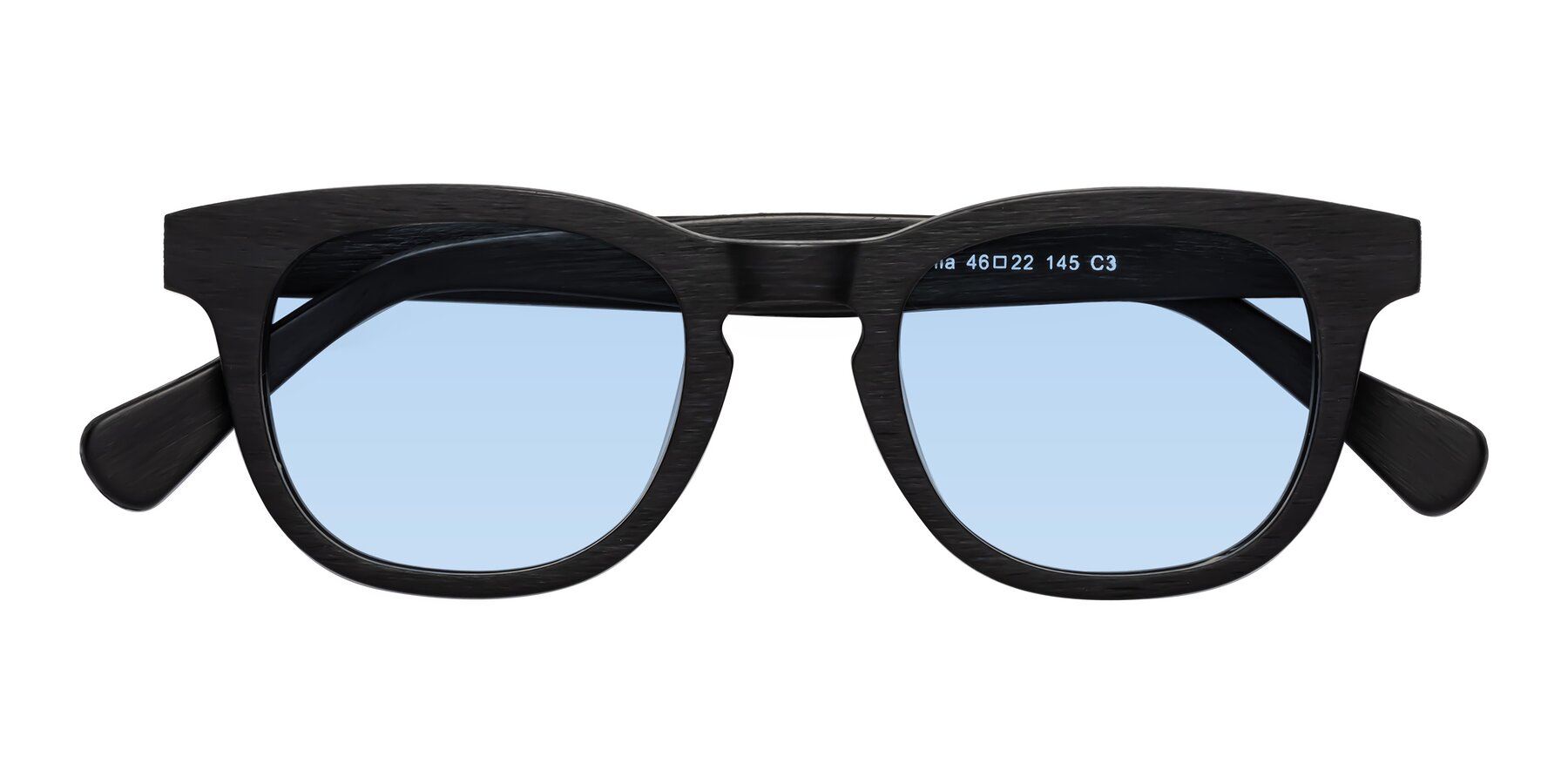 Folded Front of Tonia in Black Woodgrain with Light Blue Tinted Lenses