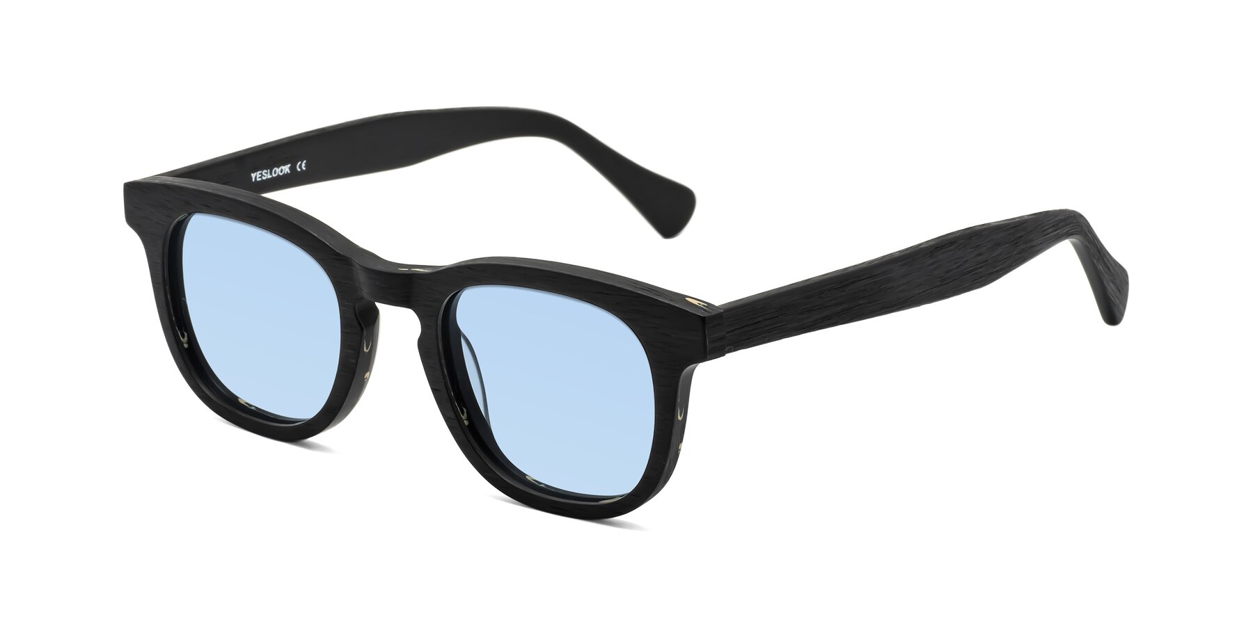 Angle of Tonia in Black Woodgrain with Light Blue Tinted Lenses