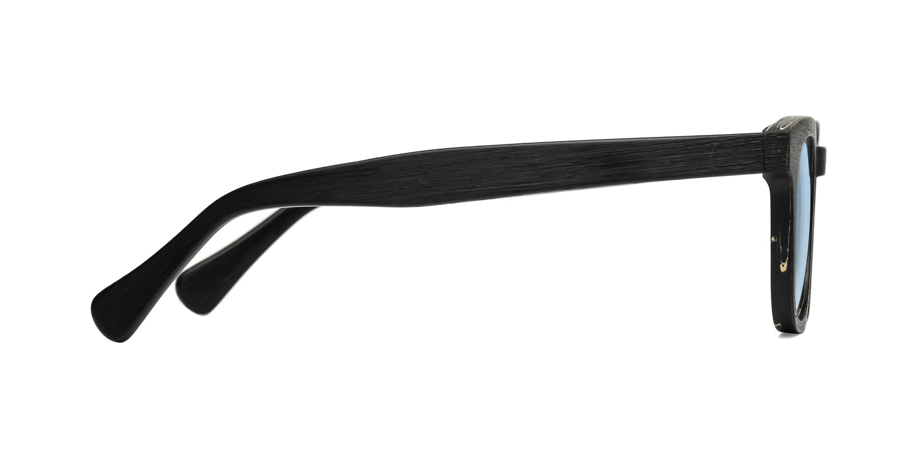 Side of Tonia in Black Woodgrain with Light Blue Tinted Lenses