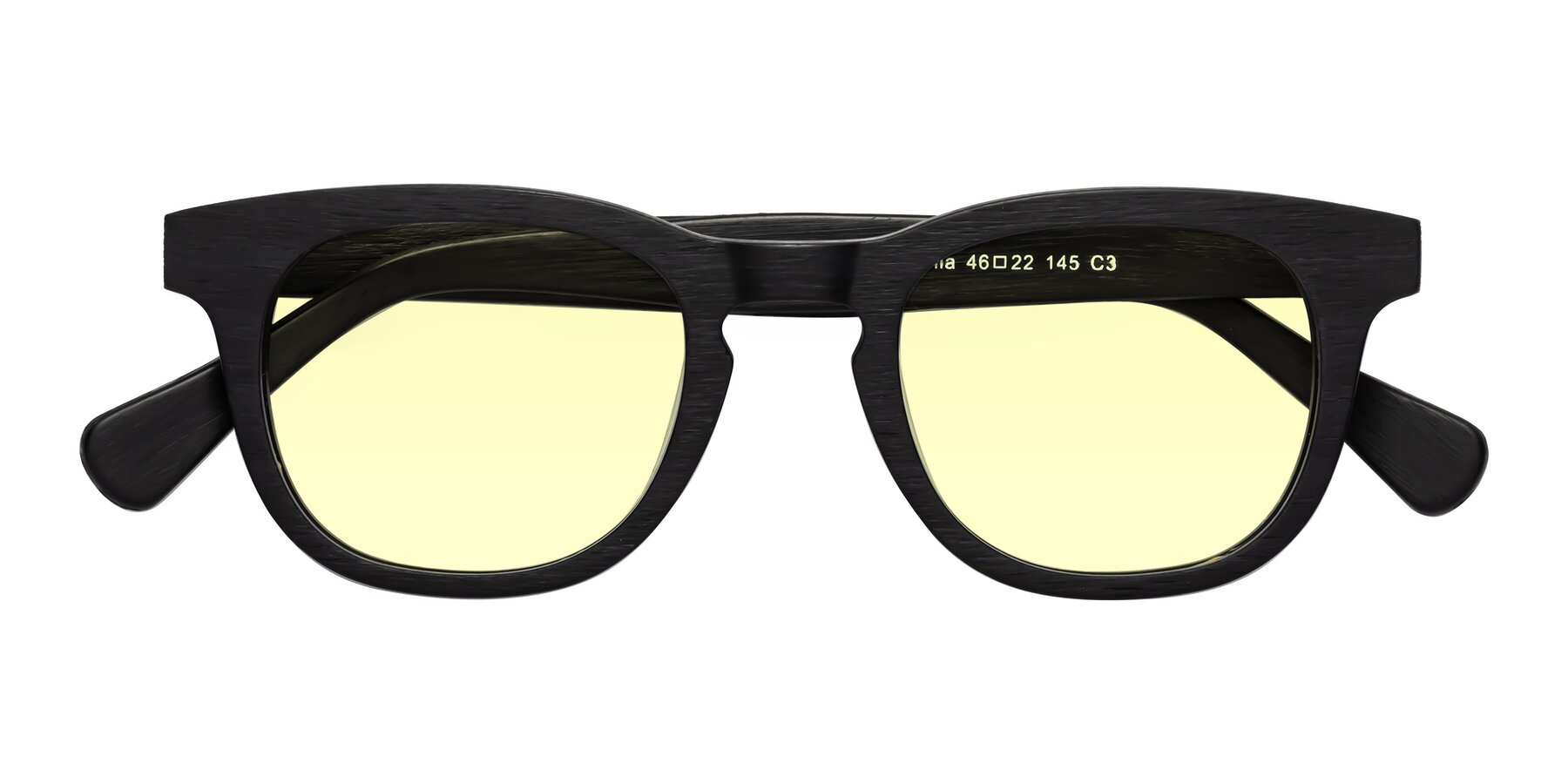 Folded Front of Tonia in Black Woodgrain with Light Yellow Tinted Lenses