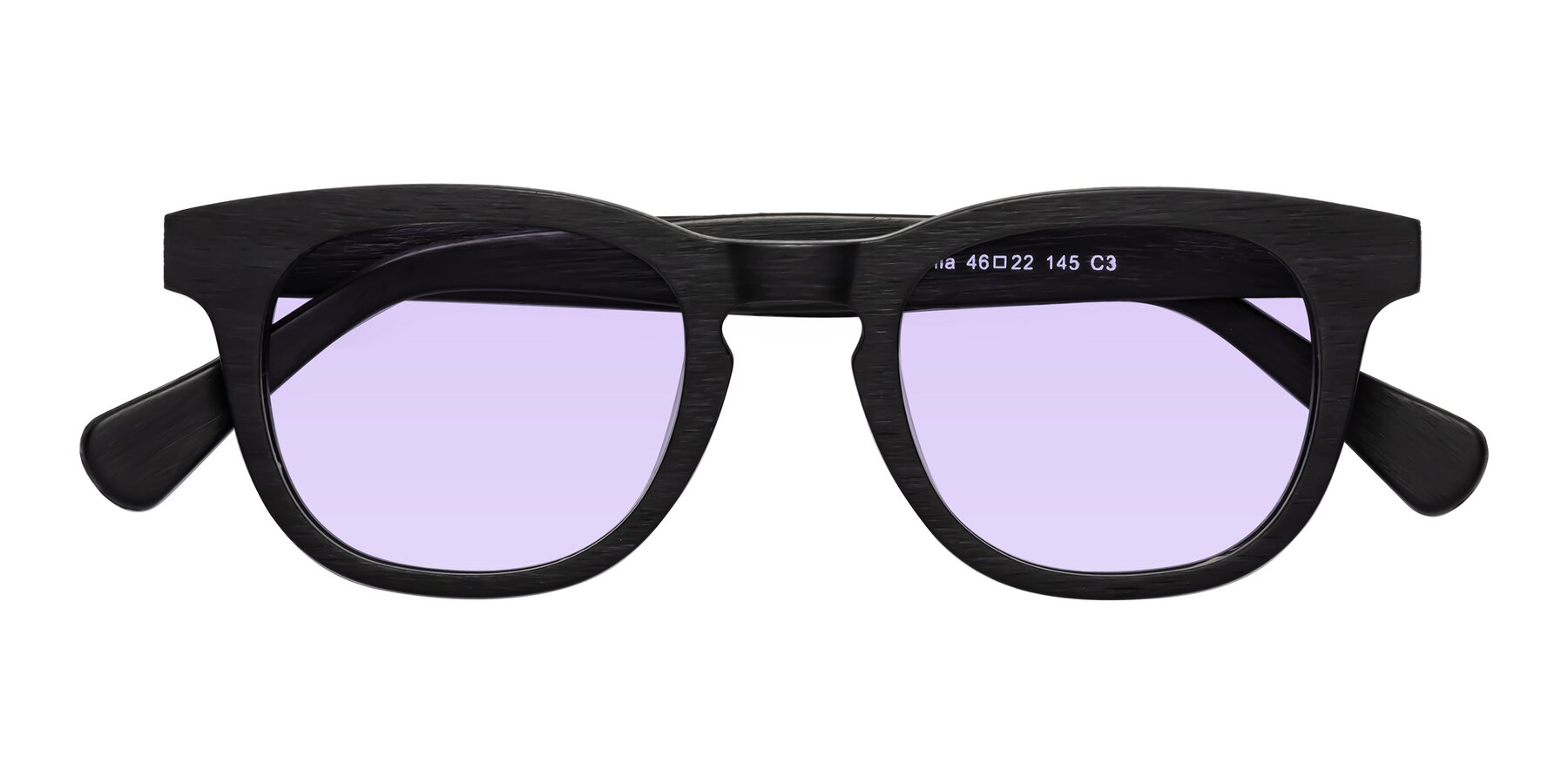 Folded Front of Tonia in Black Woodgrain with Light Purple Tinted Lenses