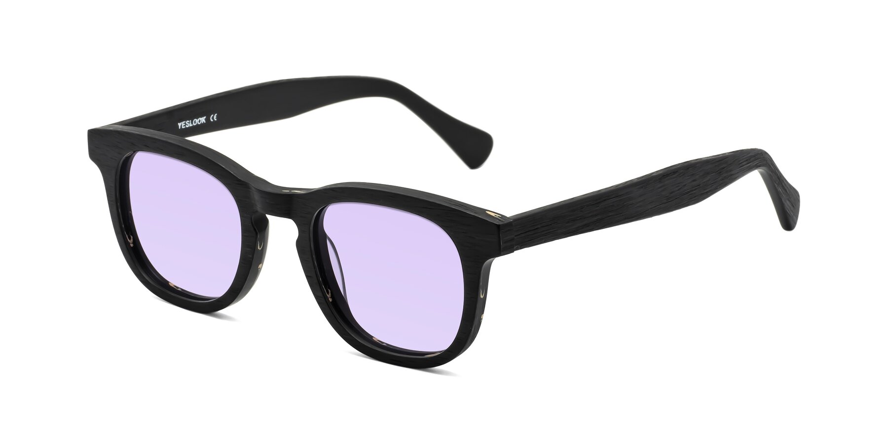 Angle of Tonia in Black Woodgrain with Light Purple Tinted Lenses