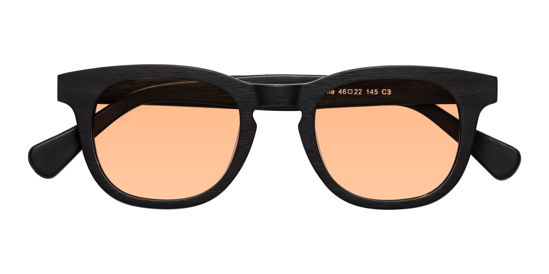 Folded Front of Tonia in Black Woodgrain with Light Orange Tinted Lenses