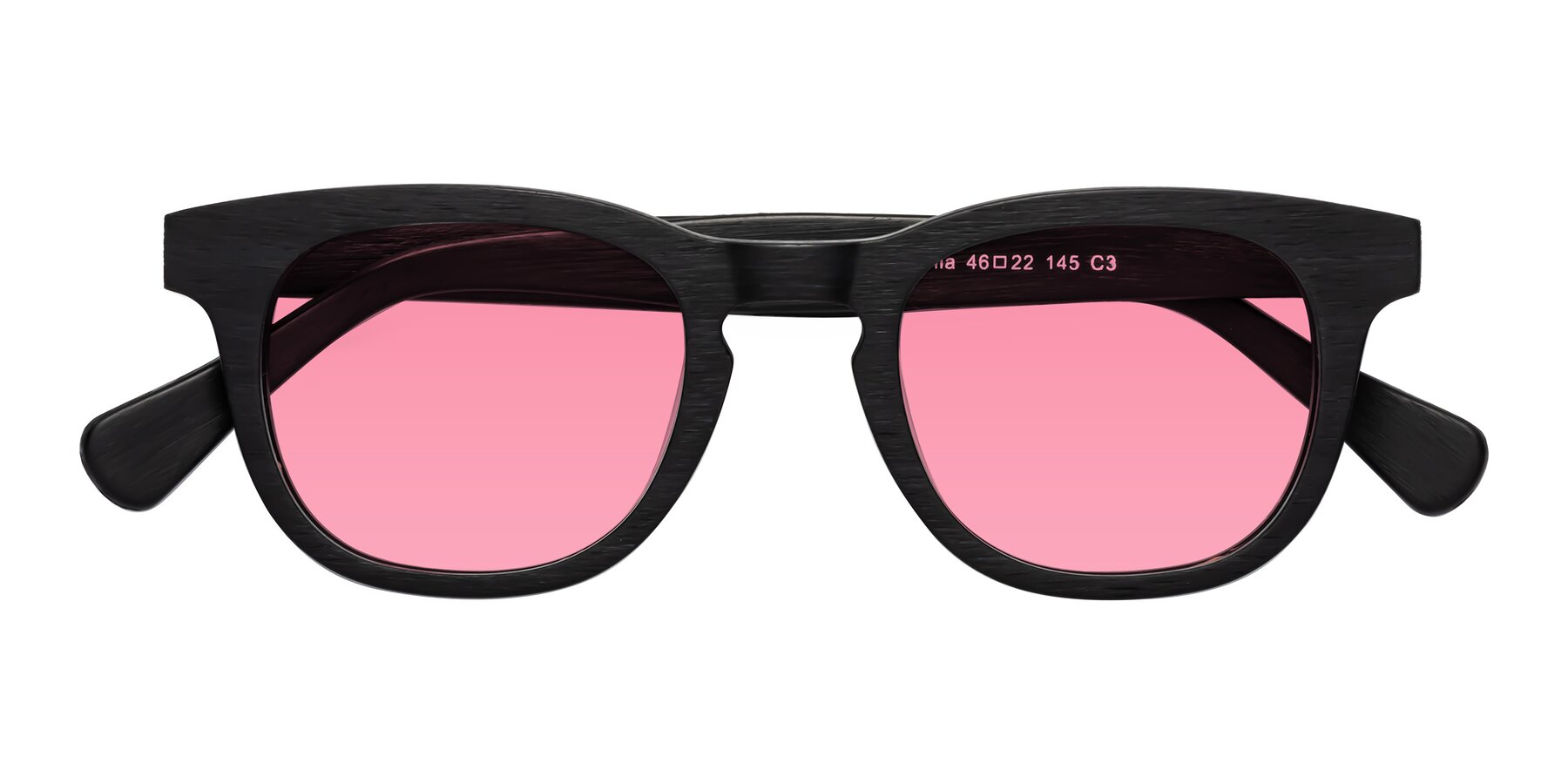 Folded Front of Tonia in Black Woodgrain with Pink Tinted Lenses