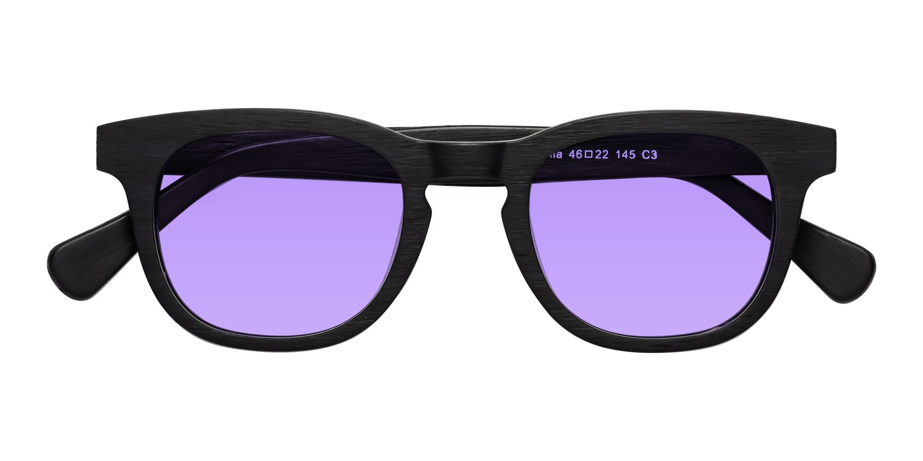 Folded Front of Tonia in Black Woodgrain with Medium Purple Tinted Lenses