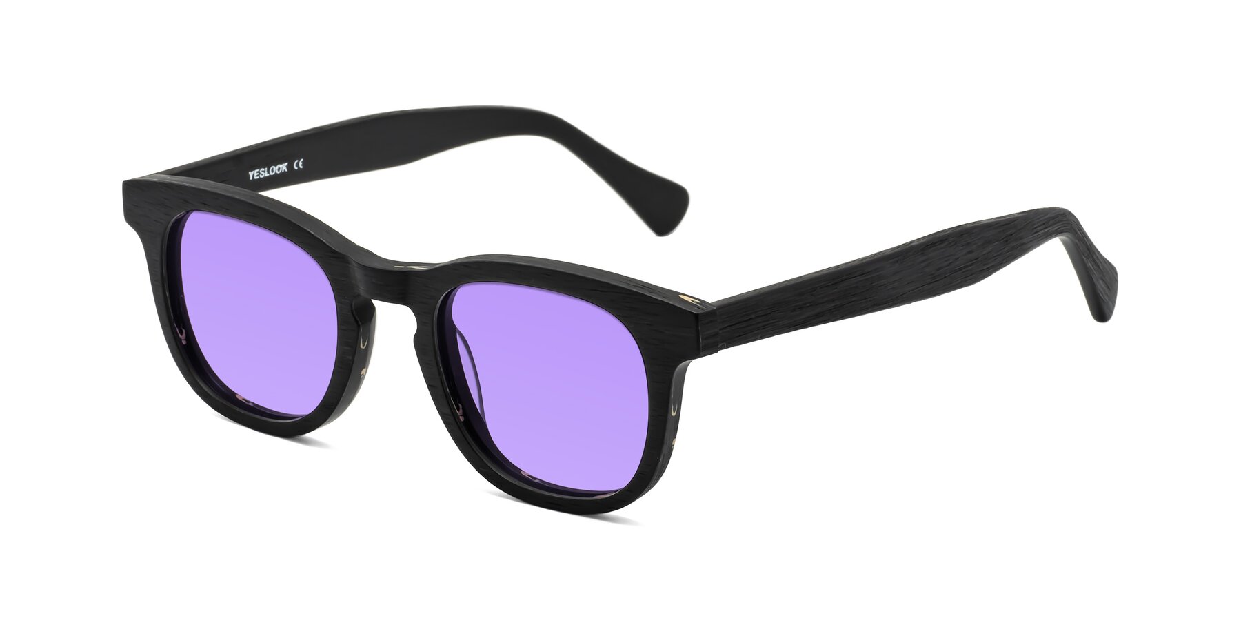 Angle of Tonia in Black Woodgrain with Medium Purple Tinted Lenses