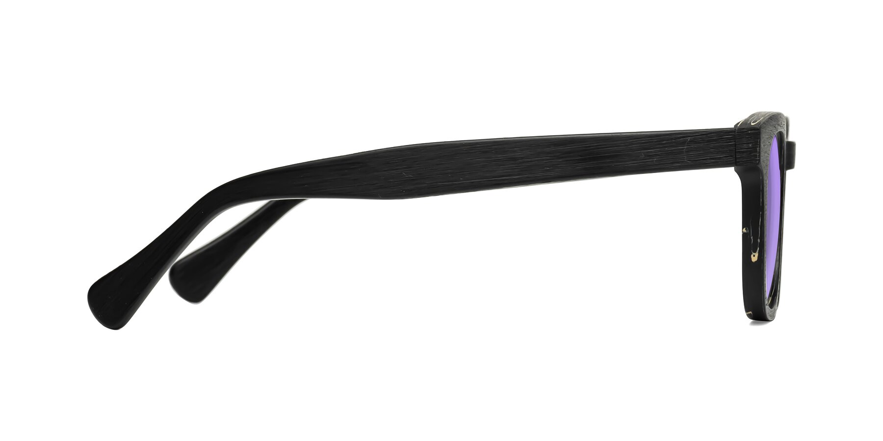 Side of Tonia in Black Woodgrain with Medium Purple Tinted Lenses