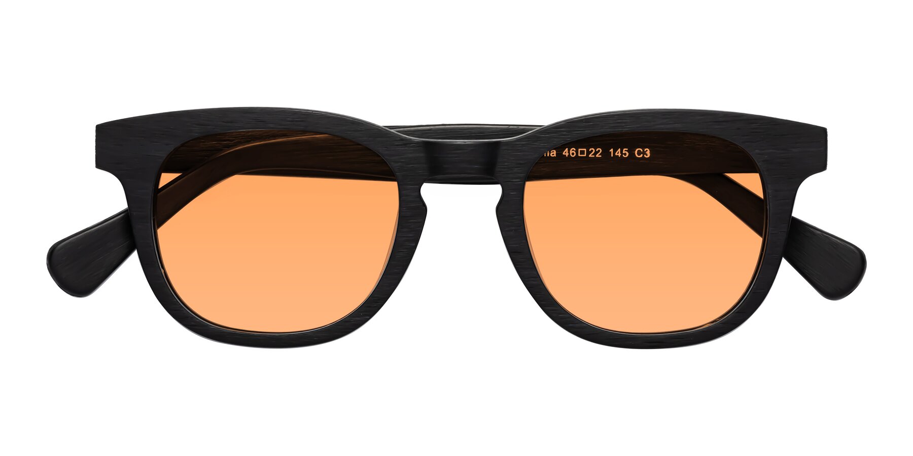 Folded Front of Tonia in Black Woodgrain with Medium Orange Tinted Lenses