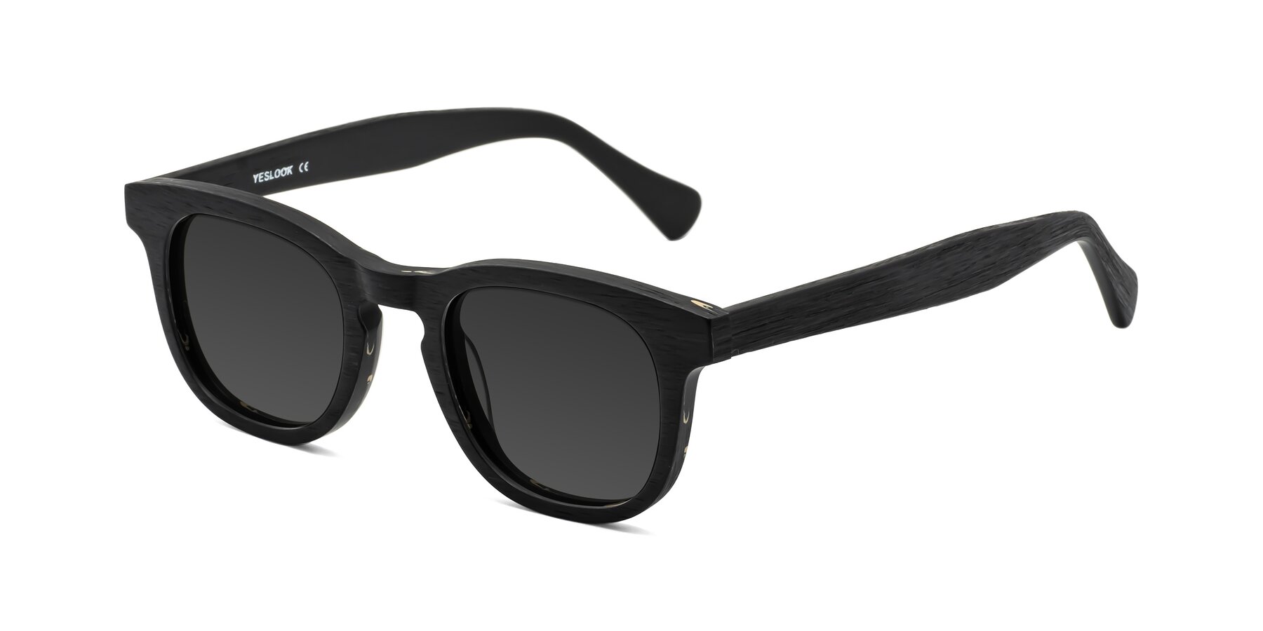 Angle of Tonia in Black Woodgrain with Gray Tinted Lenses