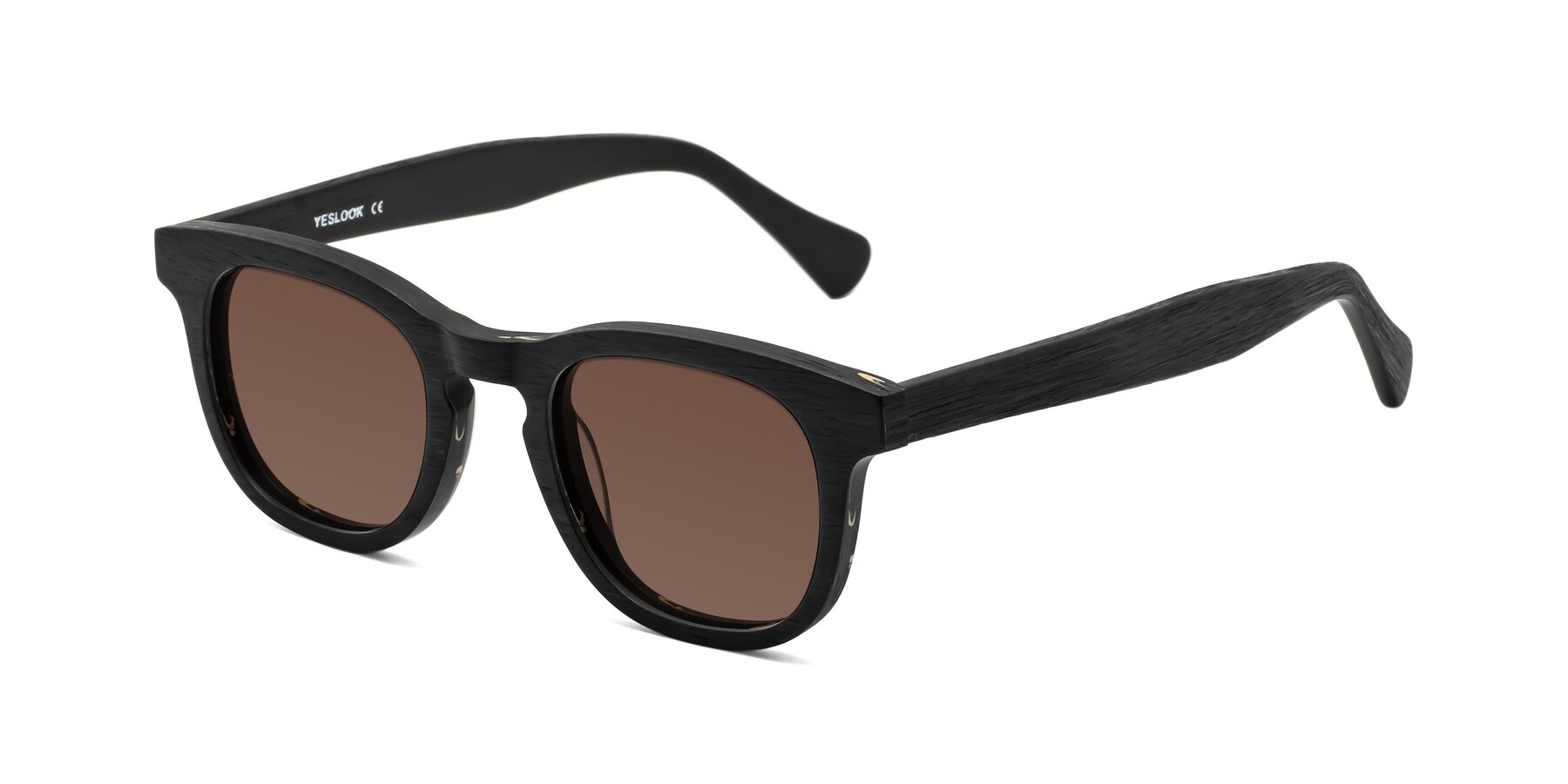 Angle of Tonia in Black Woodgrain with Brown Tinted Lenses