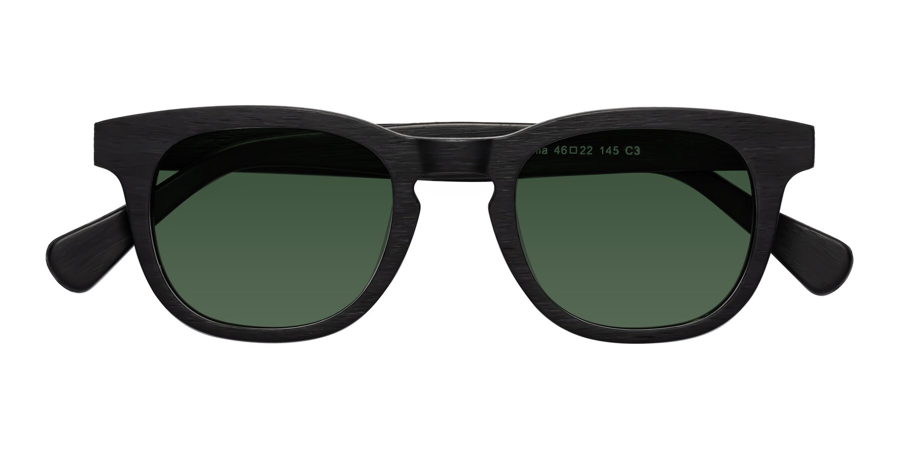 Folded Front of Tonia in Black Woodgrain with Green Tinted Lenses