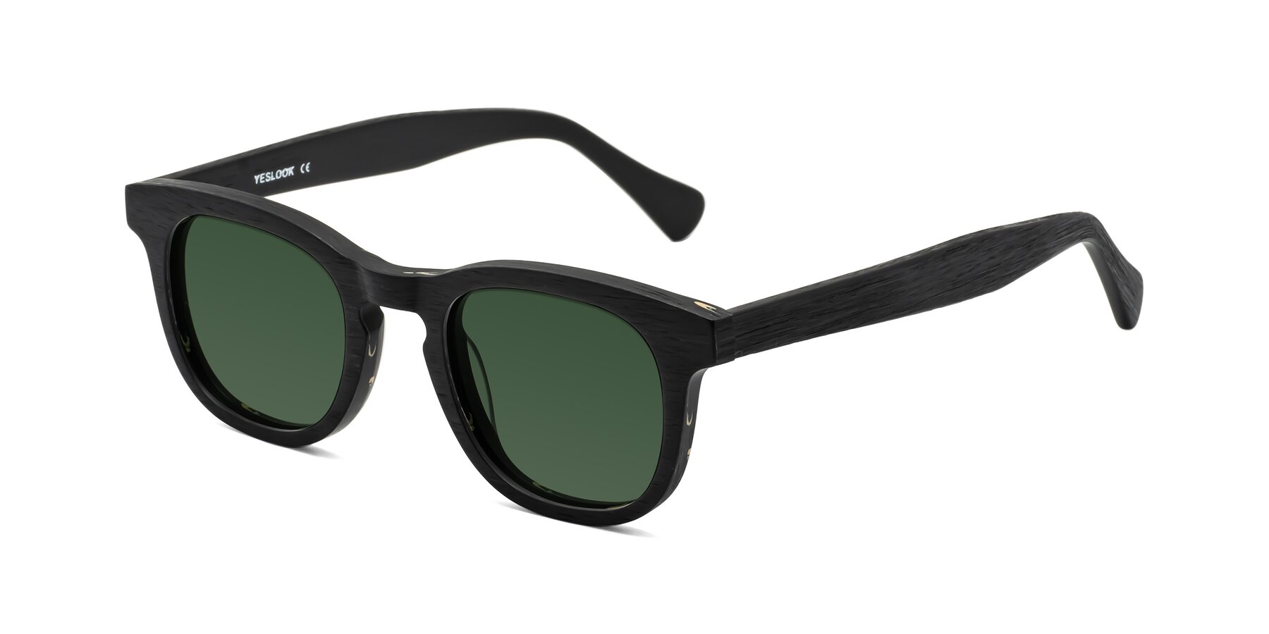 Angle of Tonia in Black Woodgrain with Green Tinted Lenses