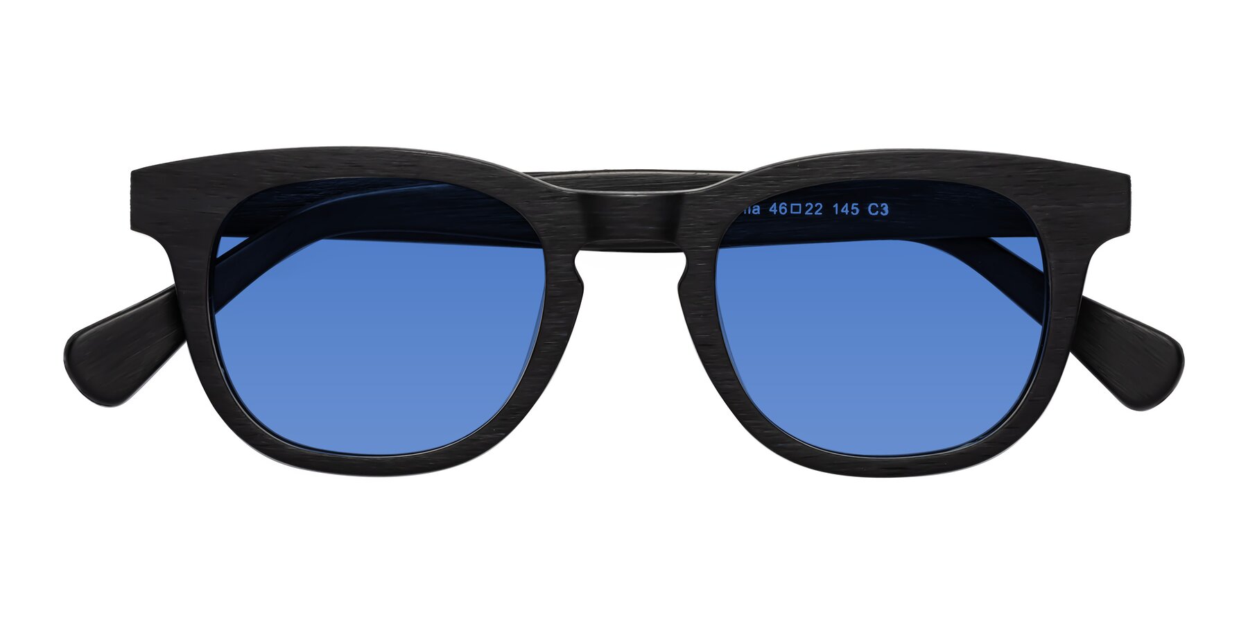 Folded Front of Tonia in Black Woodgrain with Blue Tinted Lenses