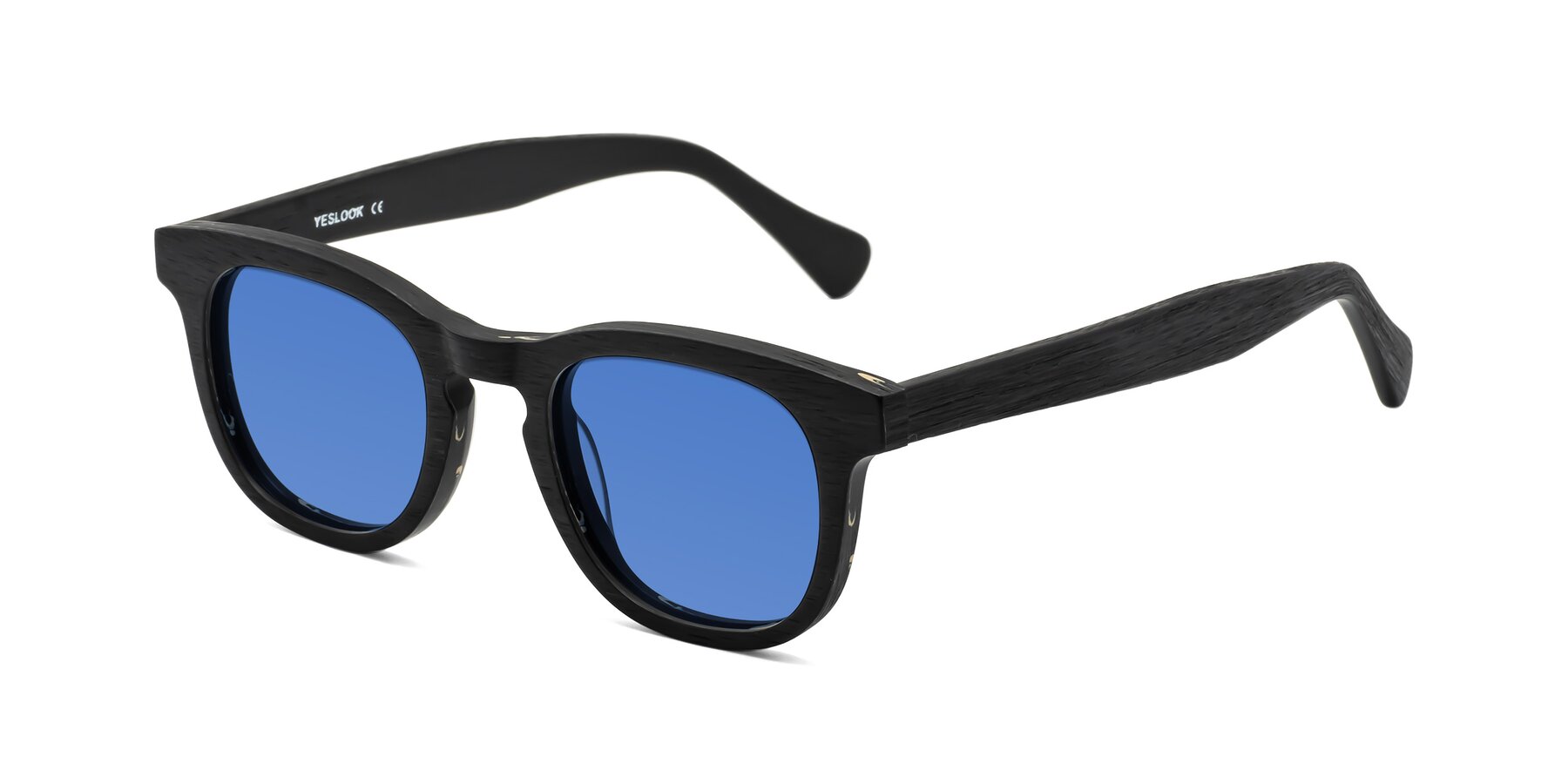 Angle of Tonia in Black Woodgrain with Blue Tinted Lenses