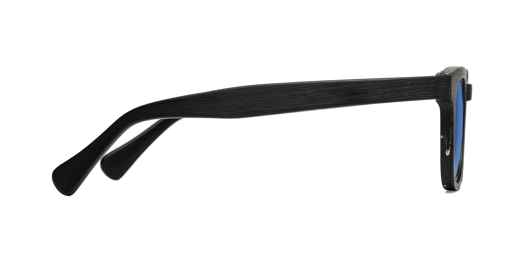 Side of Tonia in Black Woodgrain with Blue Tinted Lenses