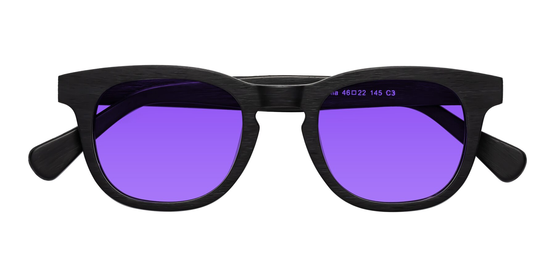 Folded Front of Tonia in Black Woodgrain with Purple Tinted Lenses