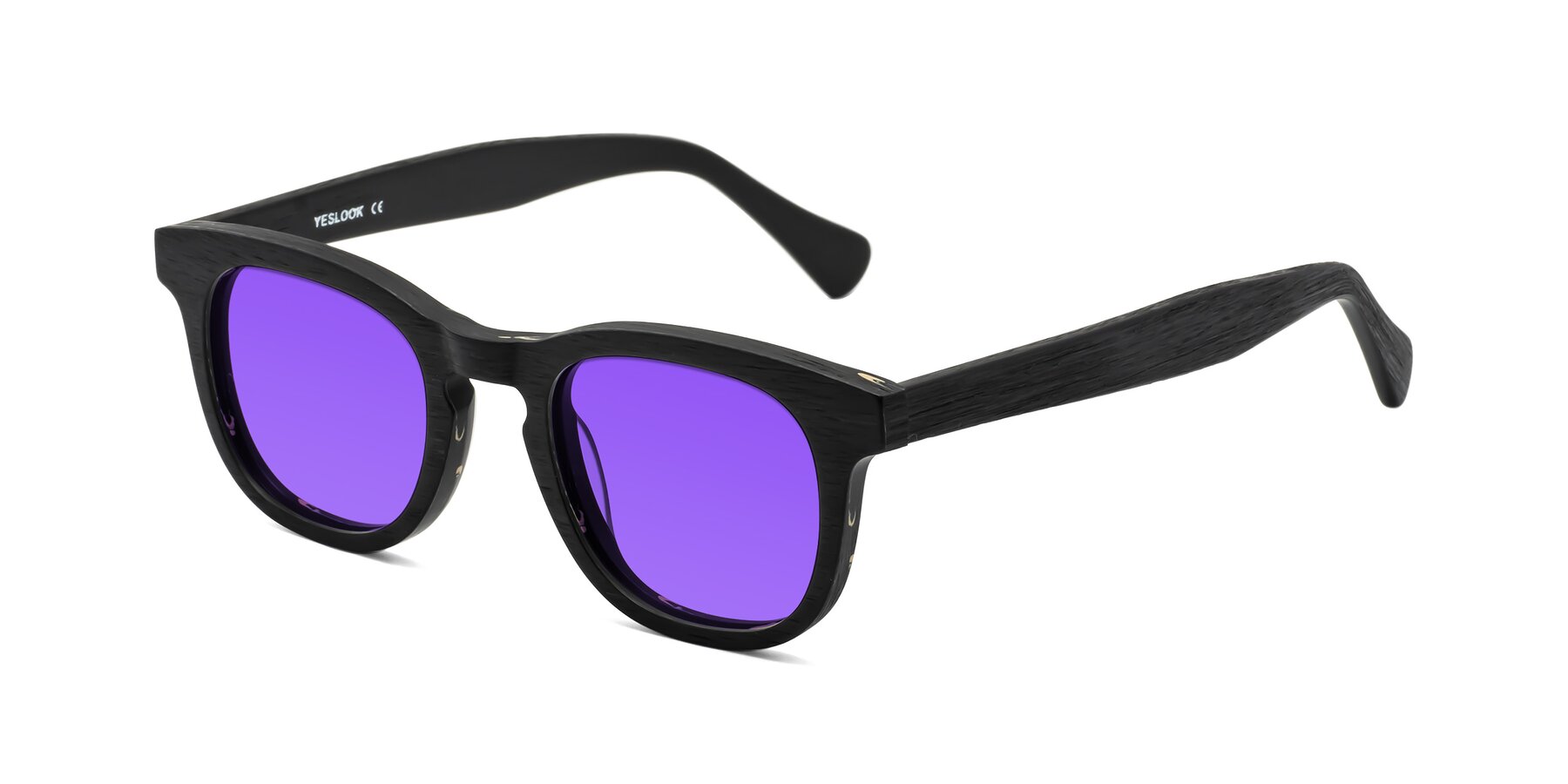 Angle of Tonia in Black Woodgrain with Purple Tinted Lenses