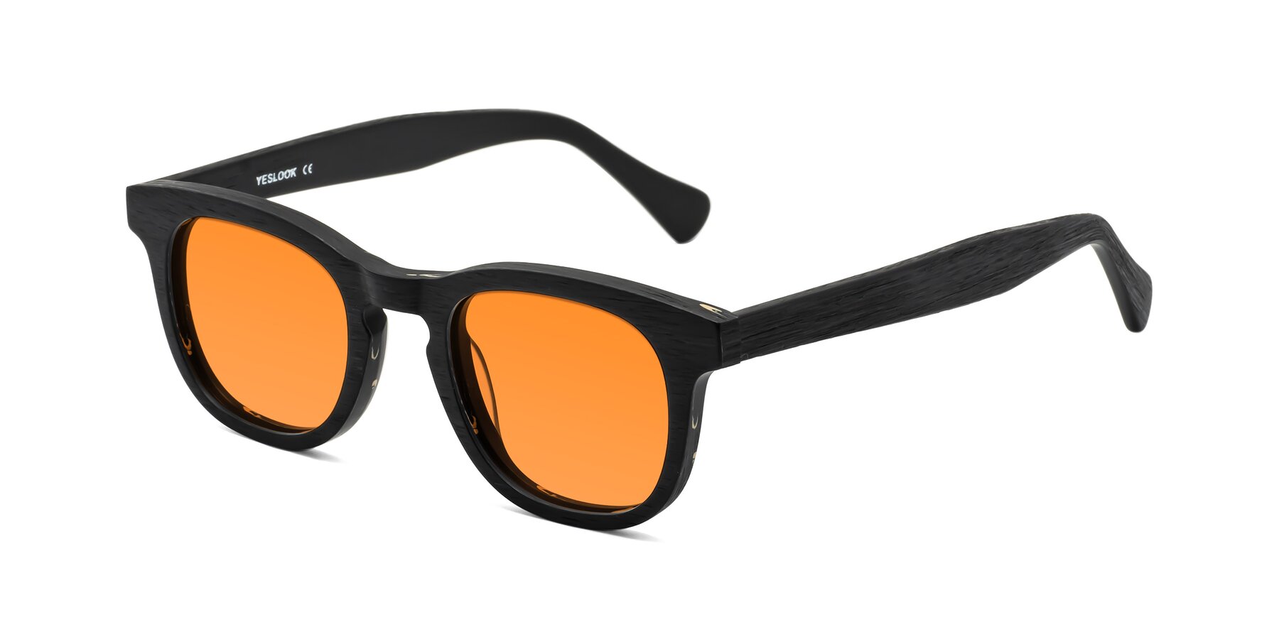 Angle of Tonia in Black Woodgrain with Orange Tinted Lenses