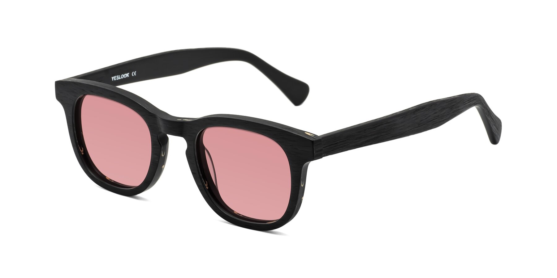 Angle of Tonia in Black Woodgrain with Medium Garnet Tinted Lenses