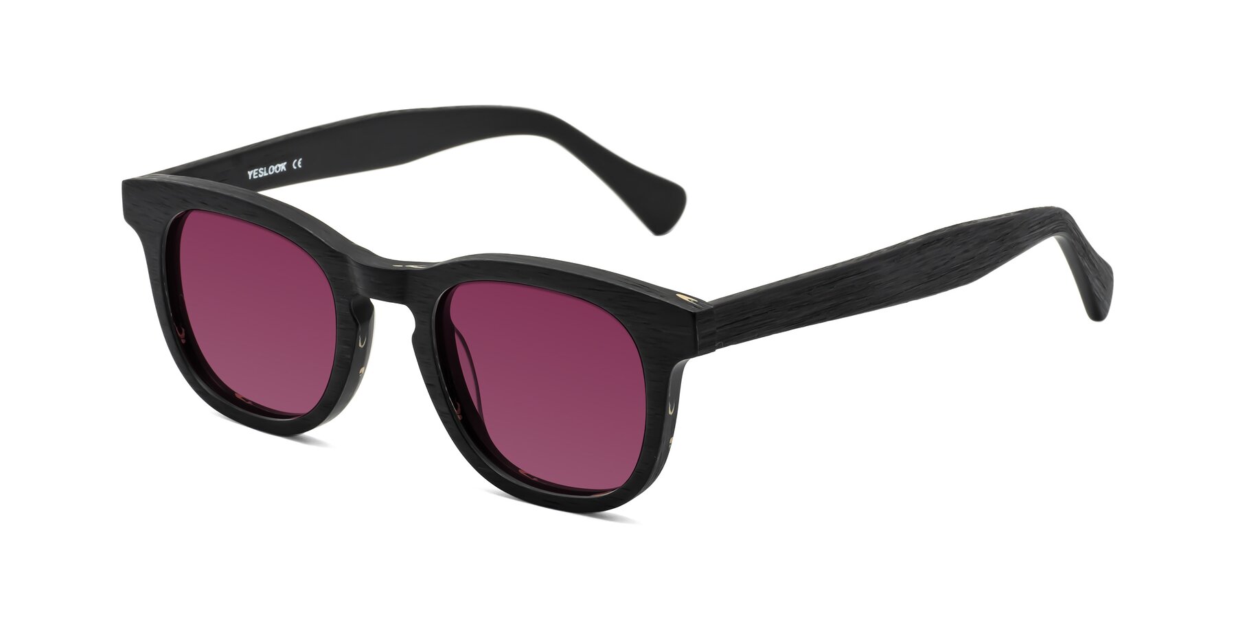 Angle of Tonia in Black Woodgrain with Wine Tinted Lenses