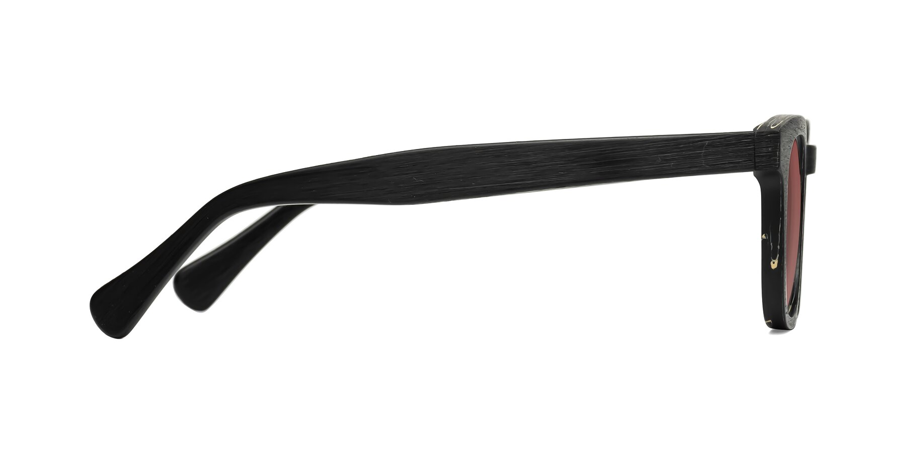 Side of Tonia in Black Woodgrain with Garnet Tinted Lenses