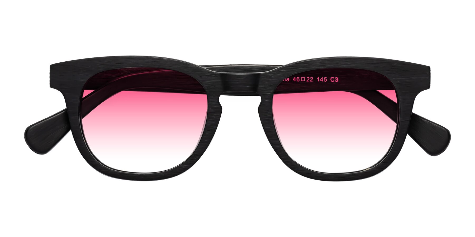 Folded Front of Tonia in Black Woodgrain with Pink Gradient Lenses