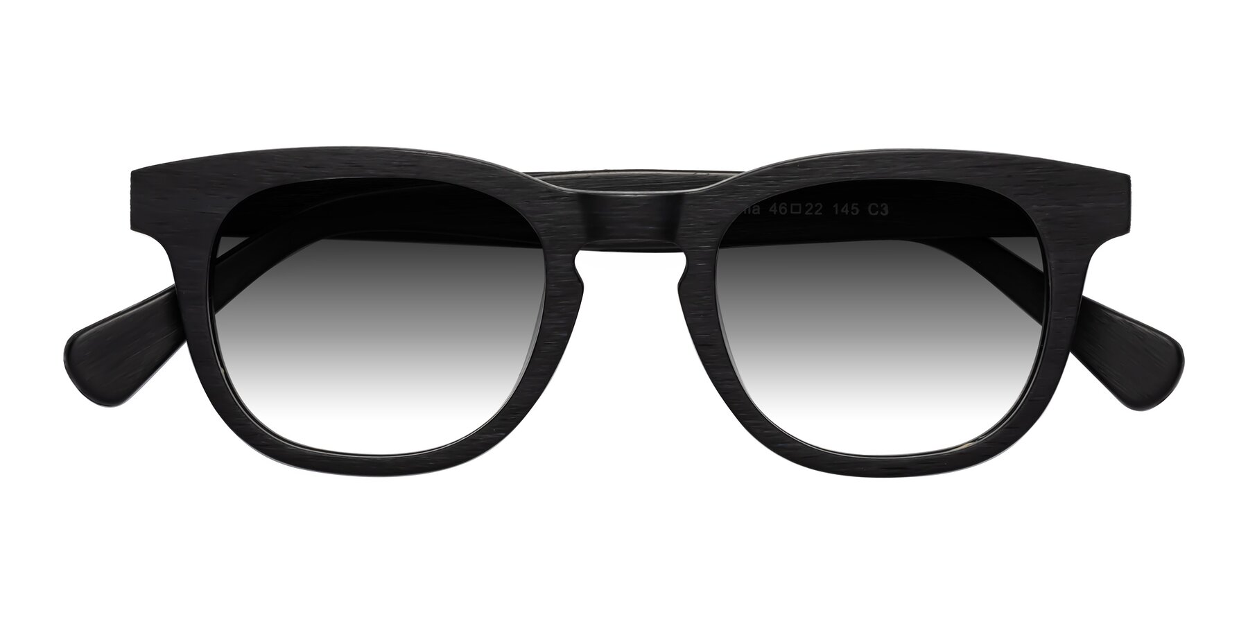 Folded Front of Tonia in Black Woodgrain with Gray Gradient Lenses