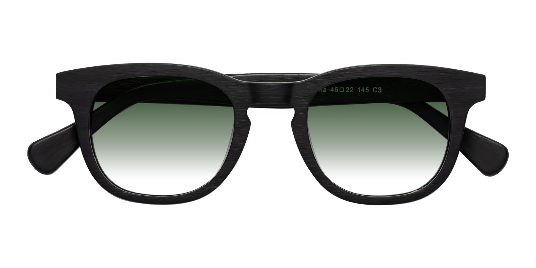 Folded Front of Tonia in Black Woodgrain with Green Gradient Lenses