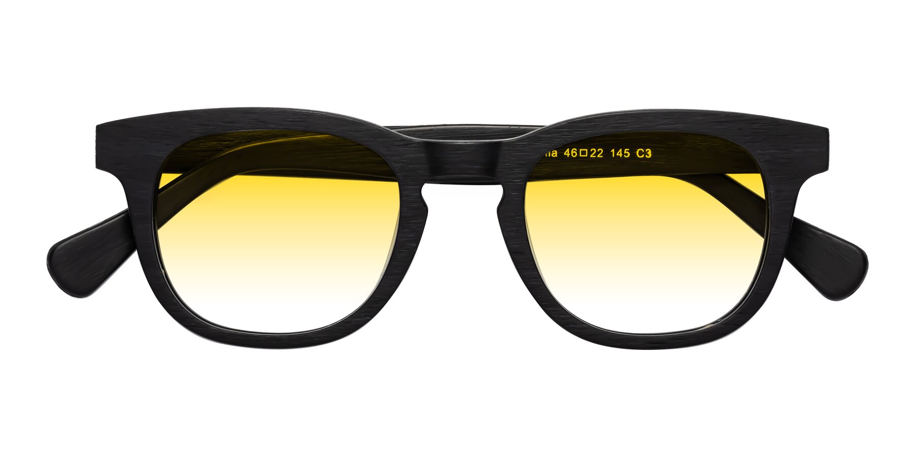 Folded Front of Tonia in Black Woodgrain with Yellow Gradient Lenses