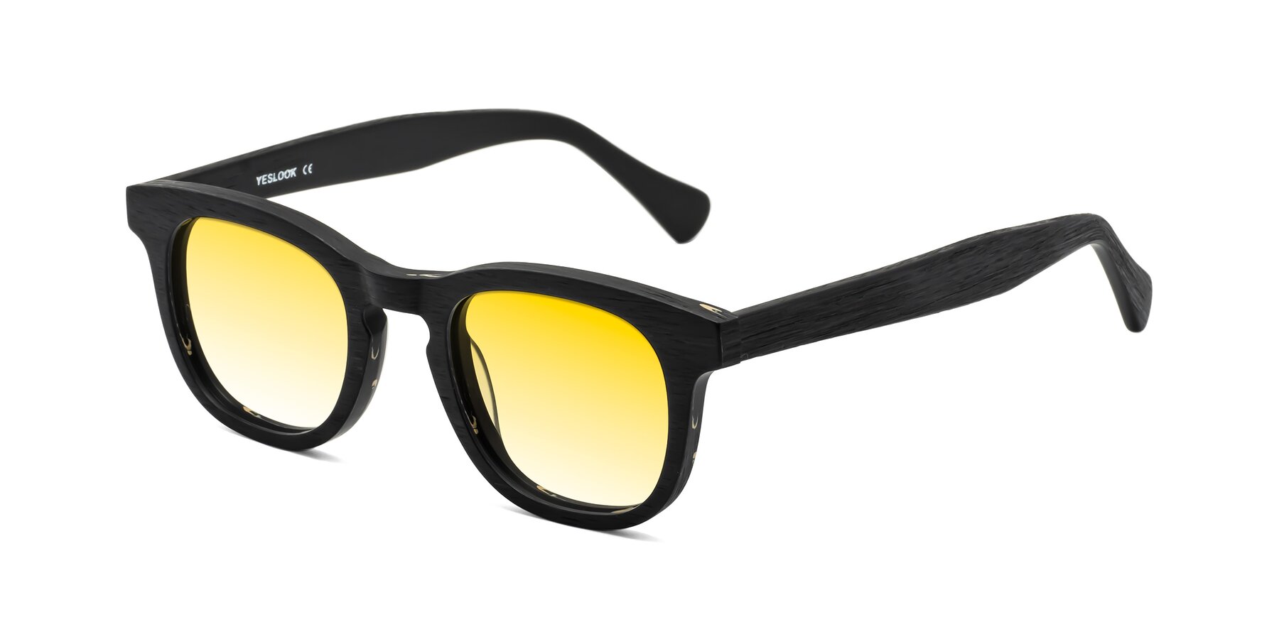 Angle of Tonia in Black Woodgrain with Yellow Gradient Lenses