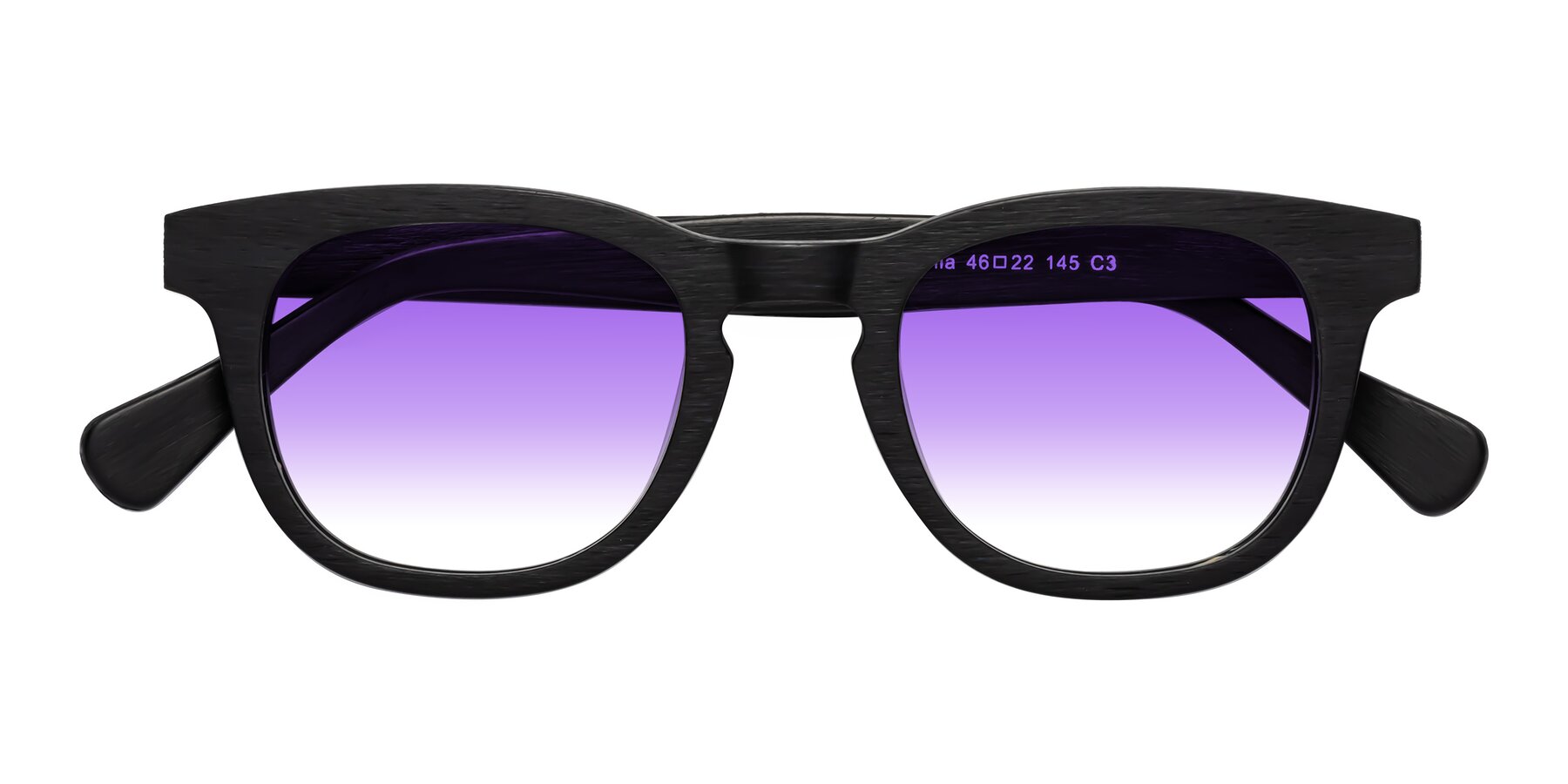 Folded Front of Tonia in Black Woodgrain with Purple Gradient Lenses