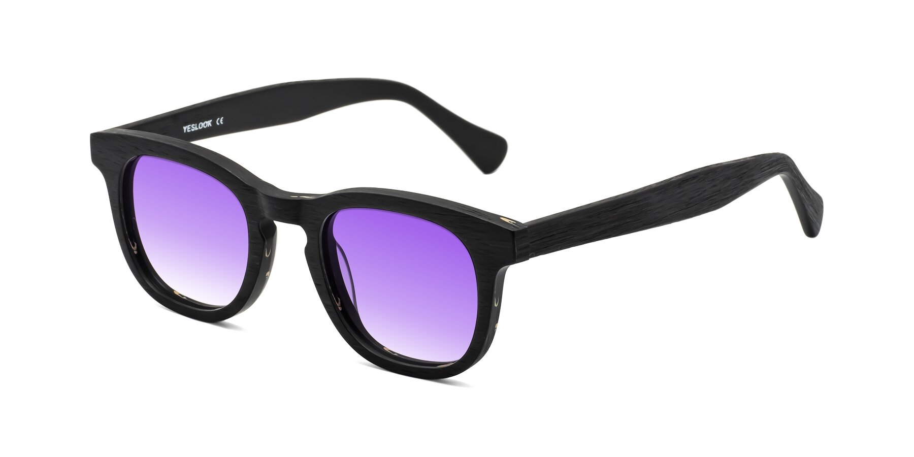 Angle of Tonia in Black Woodgrain with Purple Gradient Lenses