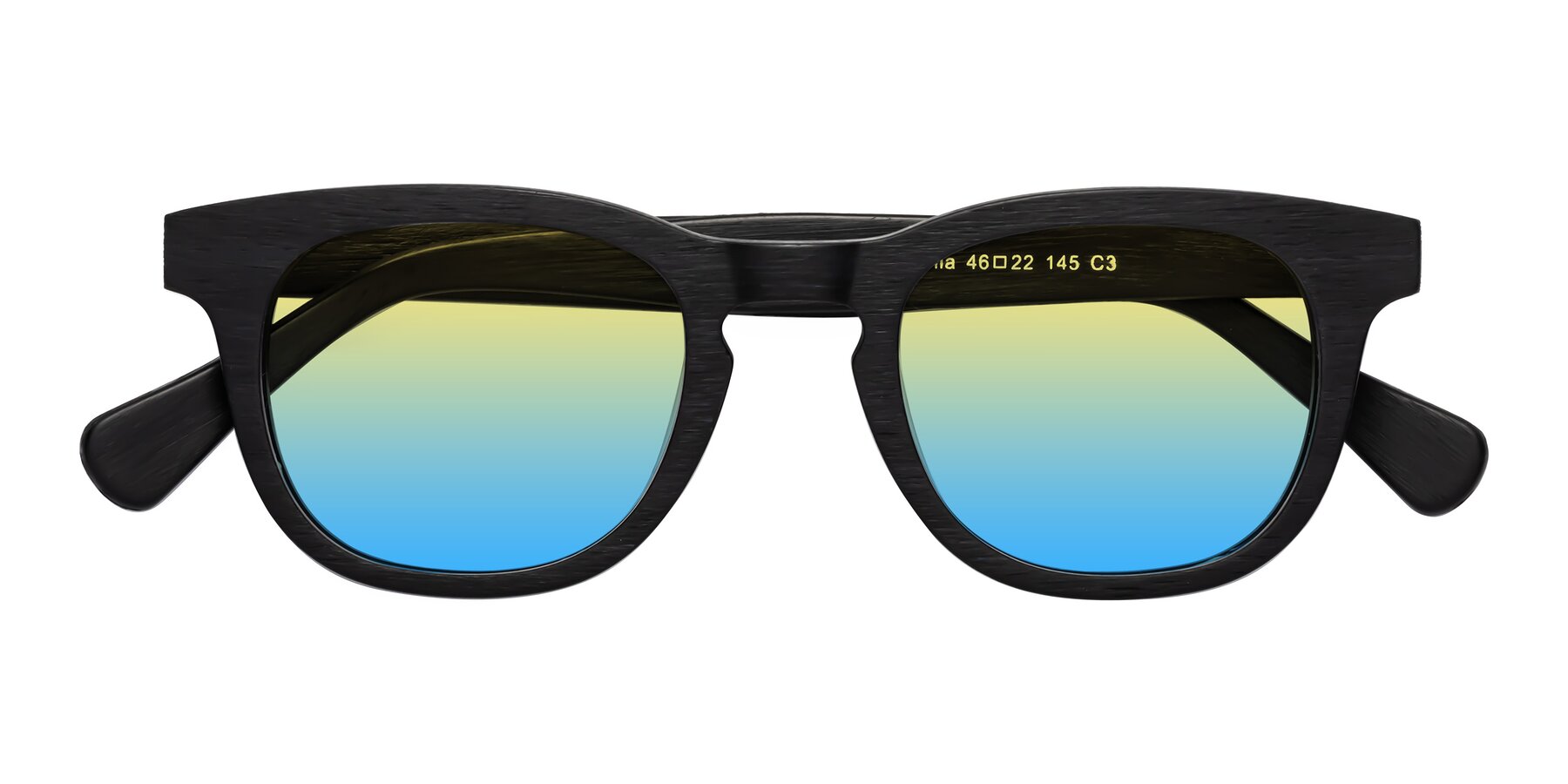 Folded Front of Tonia in Black Woodgrain with Yellow / Blue Gradient Lenses