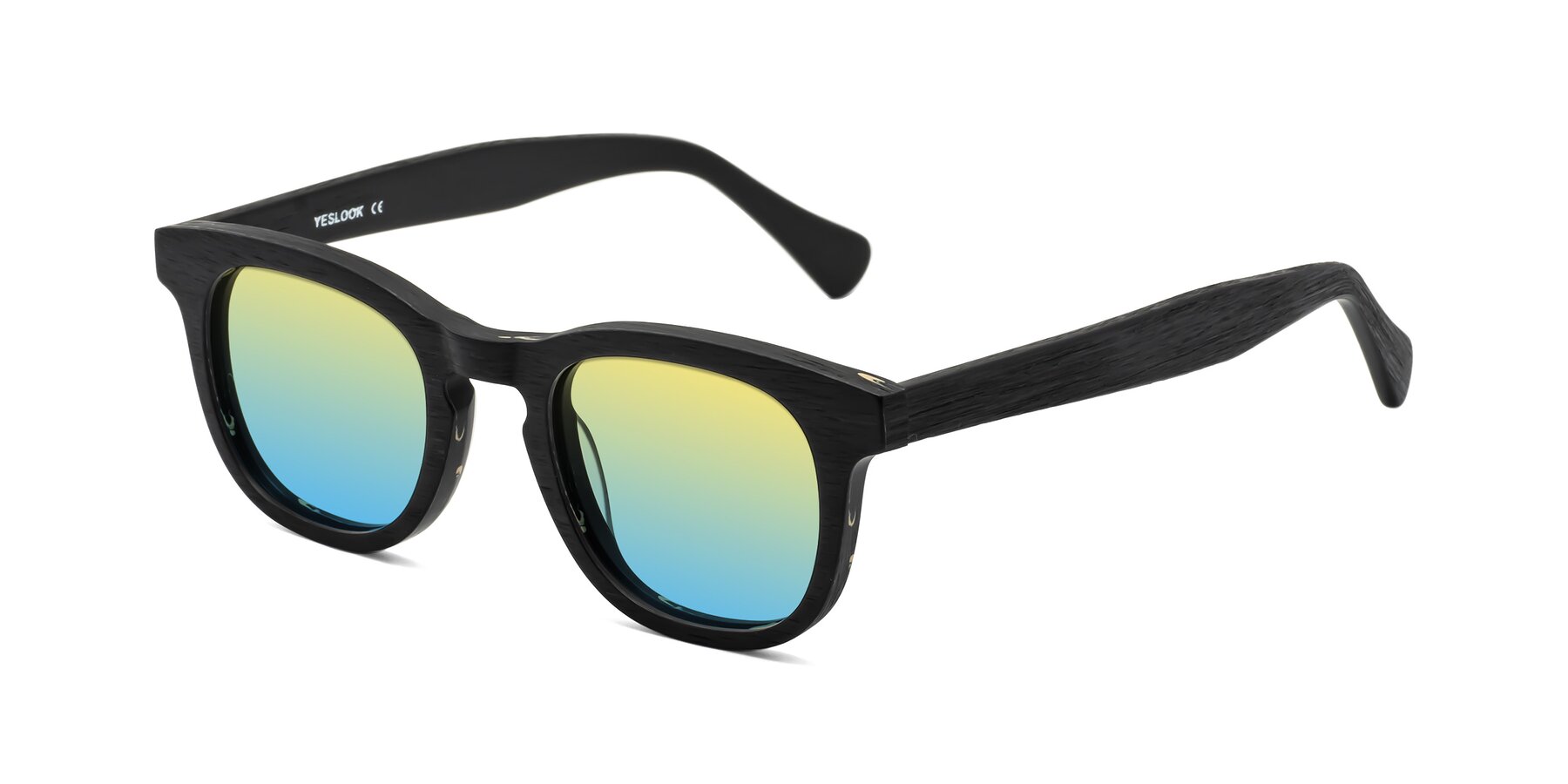 Angle of Tonia in Black Woodgrain with Yellow / Blue Gradient Lenses