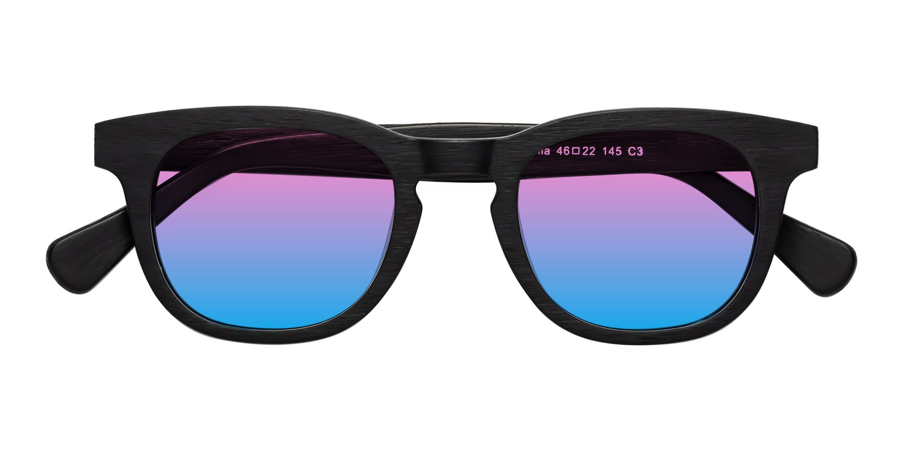 Folded Front of Tonia in Black Woodgrain with Pink / Blue Gradient Lenses