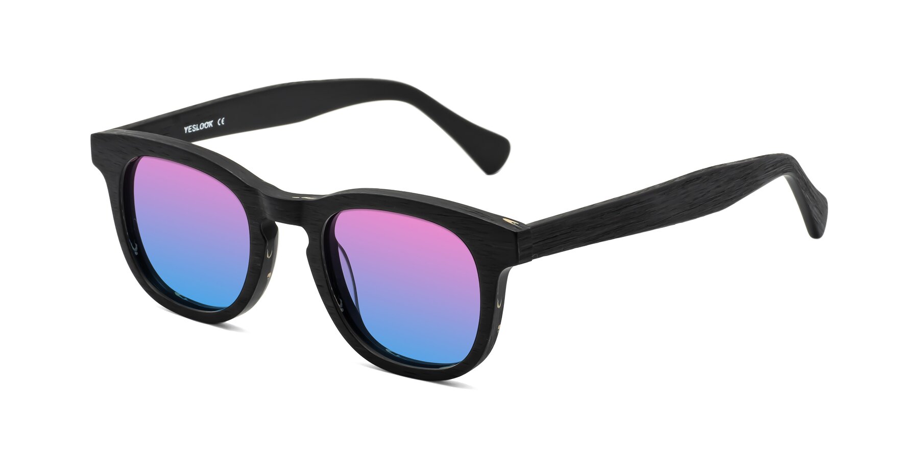 Angle of Tonia in Black Woodgrain with Pink / Blue Gradient Lenses