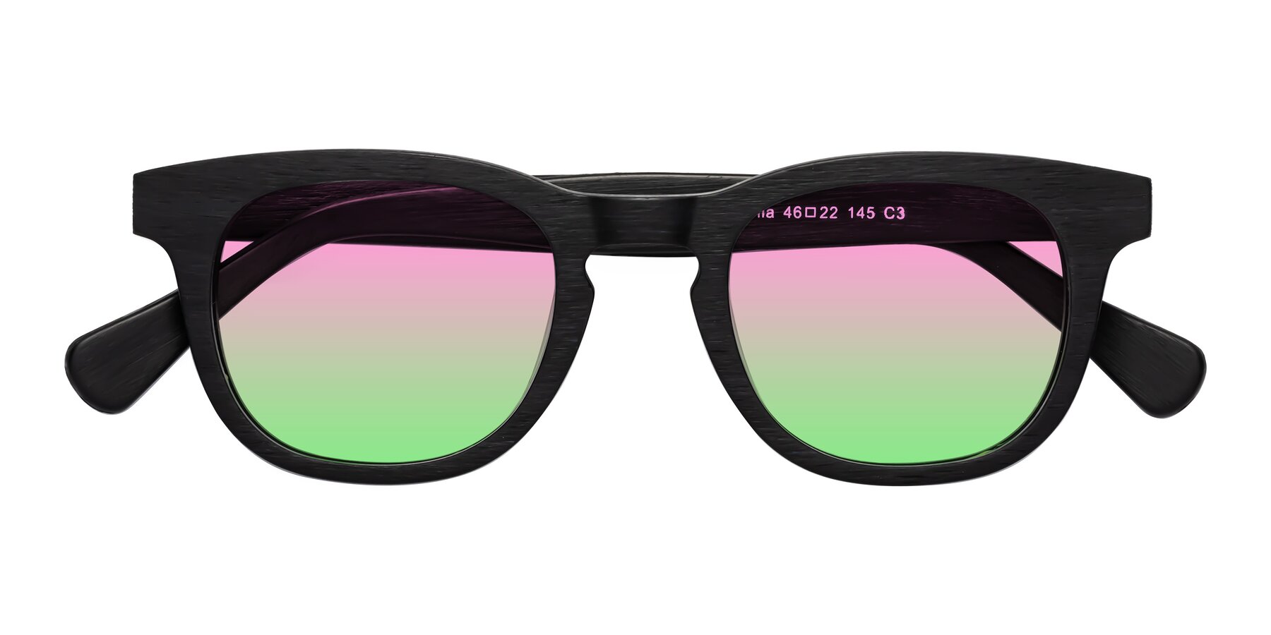 Folded Front of Tonia in Black Woodgrain with Pink / Green Gradient Lenses