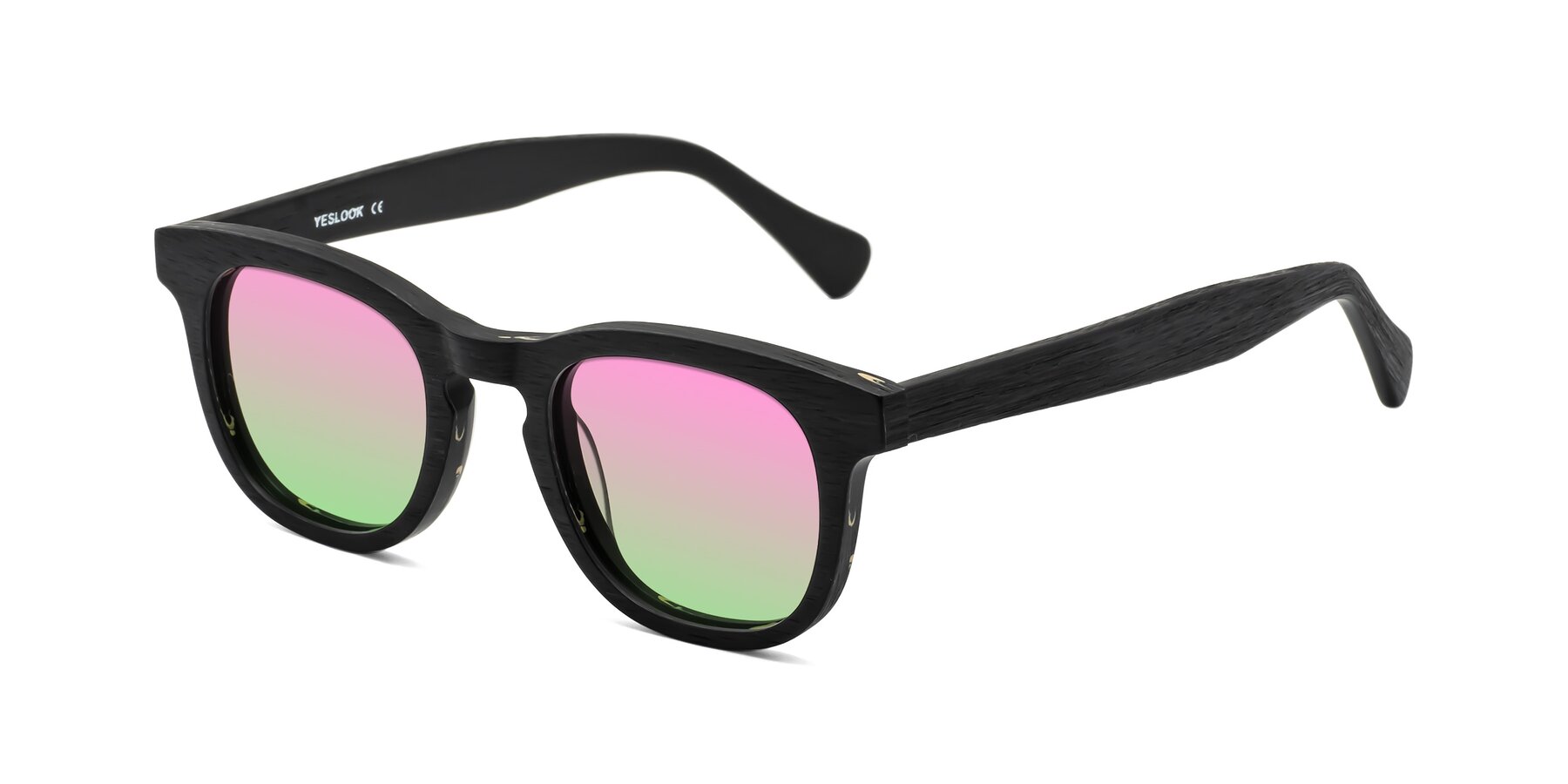 Angle of Tonia in Black Woodgrain with Pink / Green Gradient Lenses