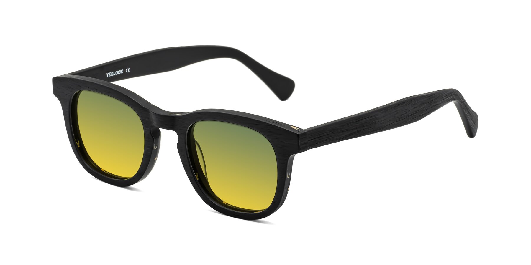 Angle of Tonia in Black Woodgrain with Green / Yellow Gradient Lenses